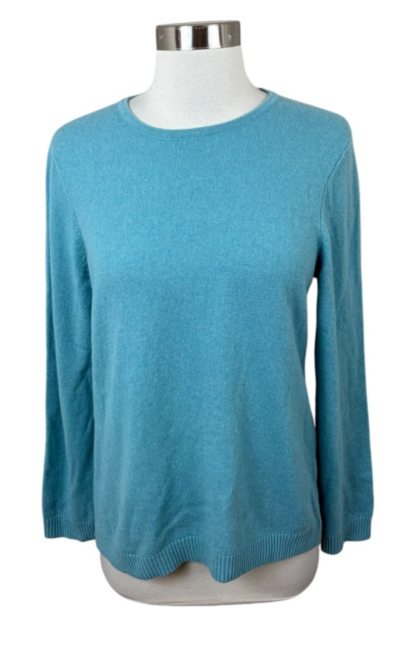 L.L. Bean Aqua Blue 100% Cashmere Classic Crewneck Sweater Size PM Quiet Luxury